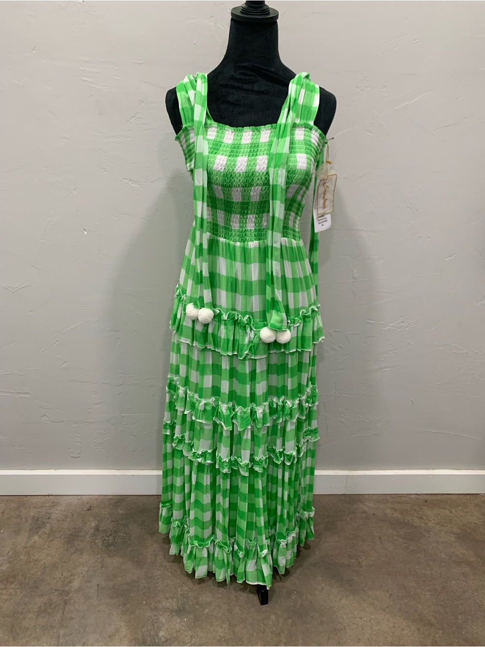 Sundress brand Green Gingham Tiered Maxi Dress for women NWT